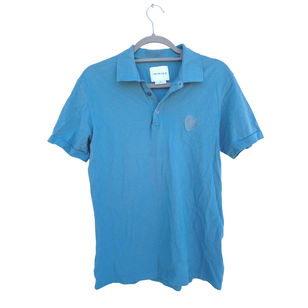 INIMIGO Mens Polo Shirt Blue Heart Organic Cotton Casual Short Sleeve, Sz S‎